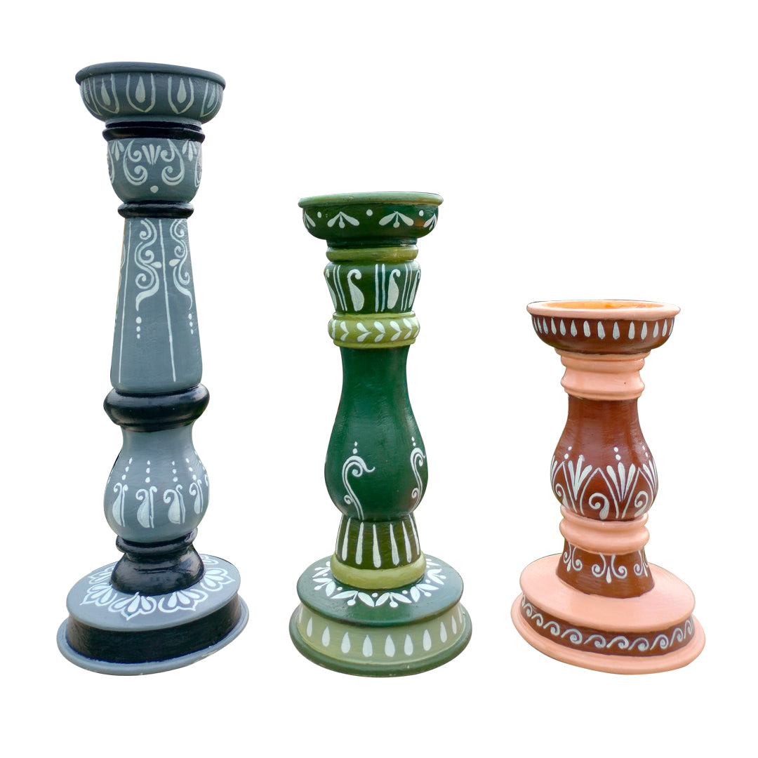 Wooden Hand Painted Decorative Candle Stand - Set of 3 | cnadle | Candle Stand | Diwali Gift | Decor |