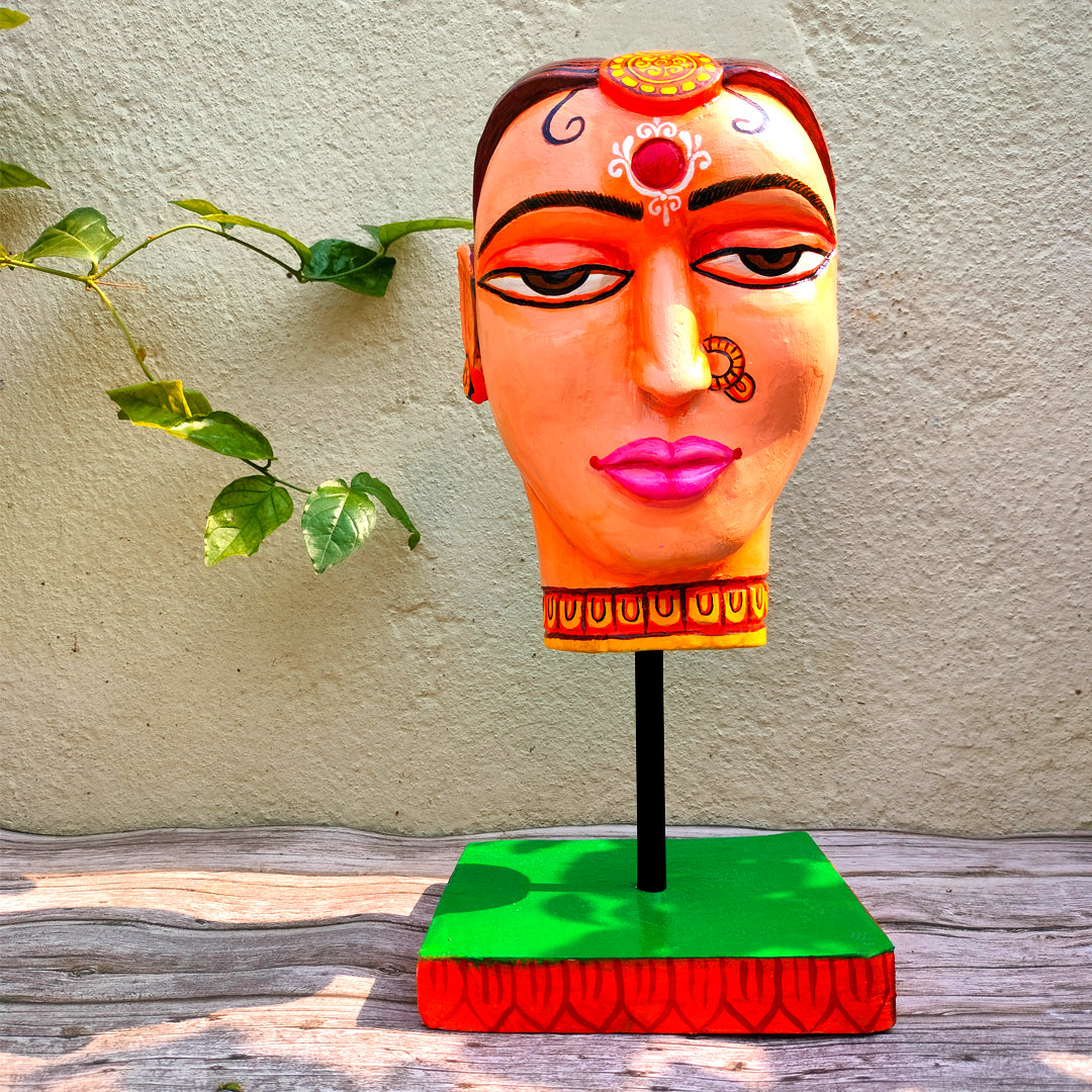 Craftooba Wooden Women Face Sculpture with stand table top decor. | Wooden decor | Table top decor |