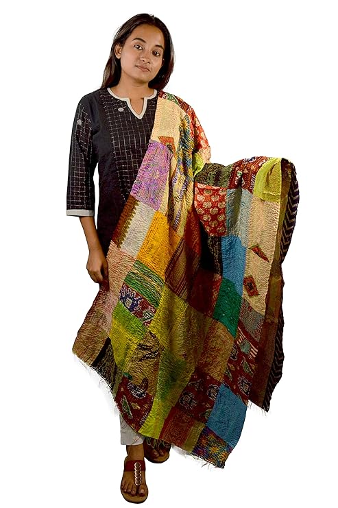 Craftooba Multicolor Katha Stitch Embroidered Dupatta | Embroidered Dupatta | Katha Stich Dupatta |