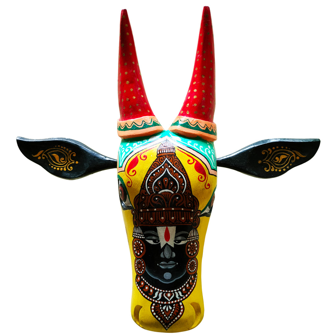 Craftooba 15 Inches ref Hand-Painted Cow Head Yellow Lord Balaji | Bull Head | Wall Decor | Vintage Decor | Nandi | Home Decor