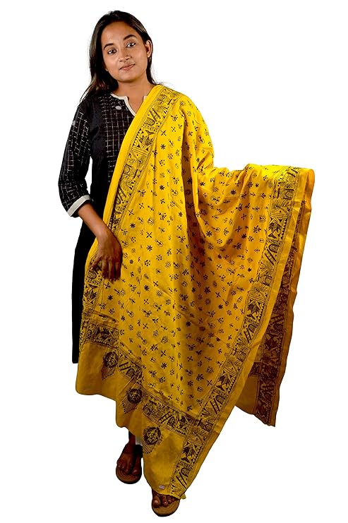 Craftooba Yellow Color Embroidered Dupatta With Motifs | Embroidered Dupatta | Katha Stich Dupatta |