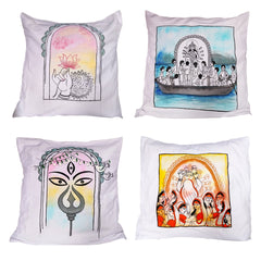 Cotton Hand-Painted 16.5 Inches L X 16.5 Inches W Durga Inspired Cushion Cover Set of 4 (Combo) | Cushion Cover | Cushion | Pillow Cover | Sofa Decor | Home Decor | Premium Cushion Cover