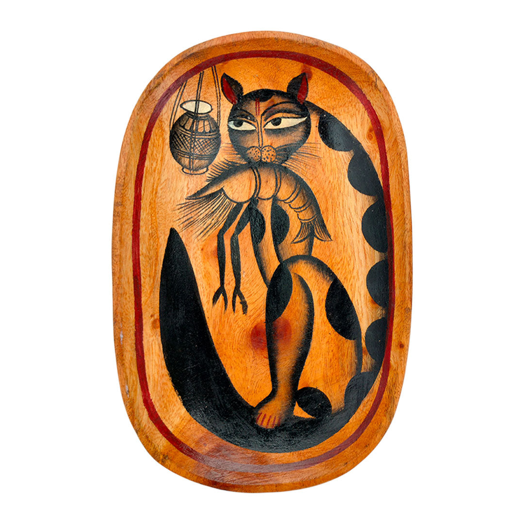Craftooba A Curious Tale from Kolkata The Cat with The Prawn Handpainted Wooden Tray | Trays | Wooden Tray | Handpainted Trays | Decorative Trays | Serving Tray | Table Top | Decor |