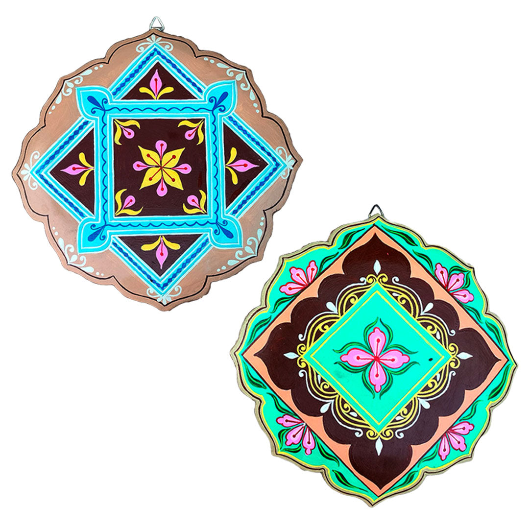 Hand-Painted Engineered Wood Wall Plate Set – Lotus Petal Design (Set of 2)