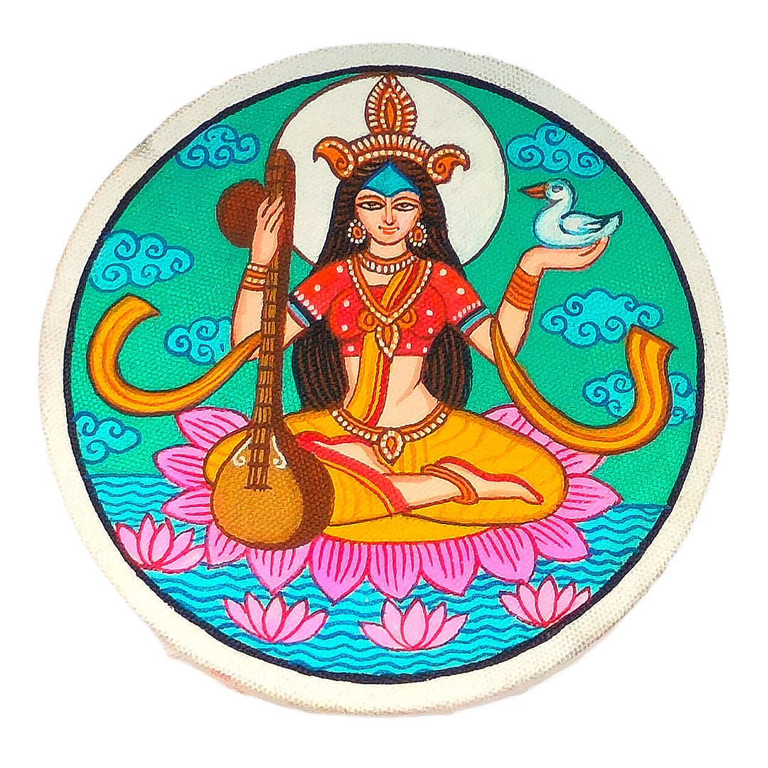 Craftooba Hnad Painted Small Round Canvas Art for Home Decor Office Studio Wall Living Room Decoration | Saraswati | Canvas Art | Painting | Original Painting