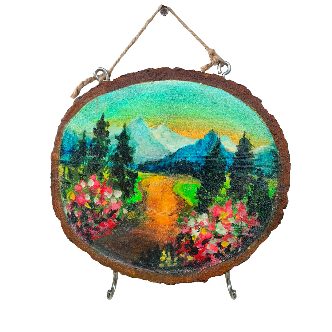 Craftooba Hand-Painted Wooden Key Holder – Scenic Landscape Art on Natural Wood | Wall Mounted | 2 Hooks