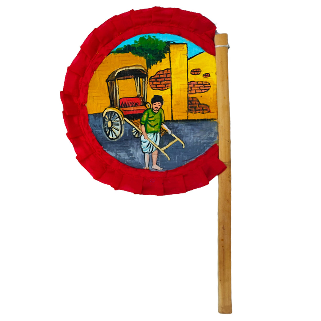 Craftooba Hand Painted Decorative Folk Art Bamboo Made Hand Fan (hatpakha) A man with tana rikshaw | Home Decor & Festival | Handmade & Handpainted Beautiful Traditional Hand Fan.