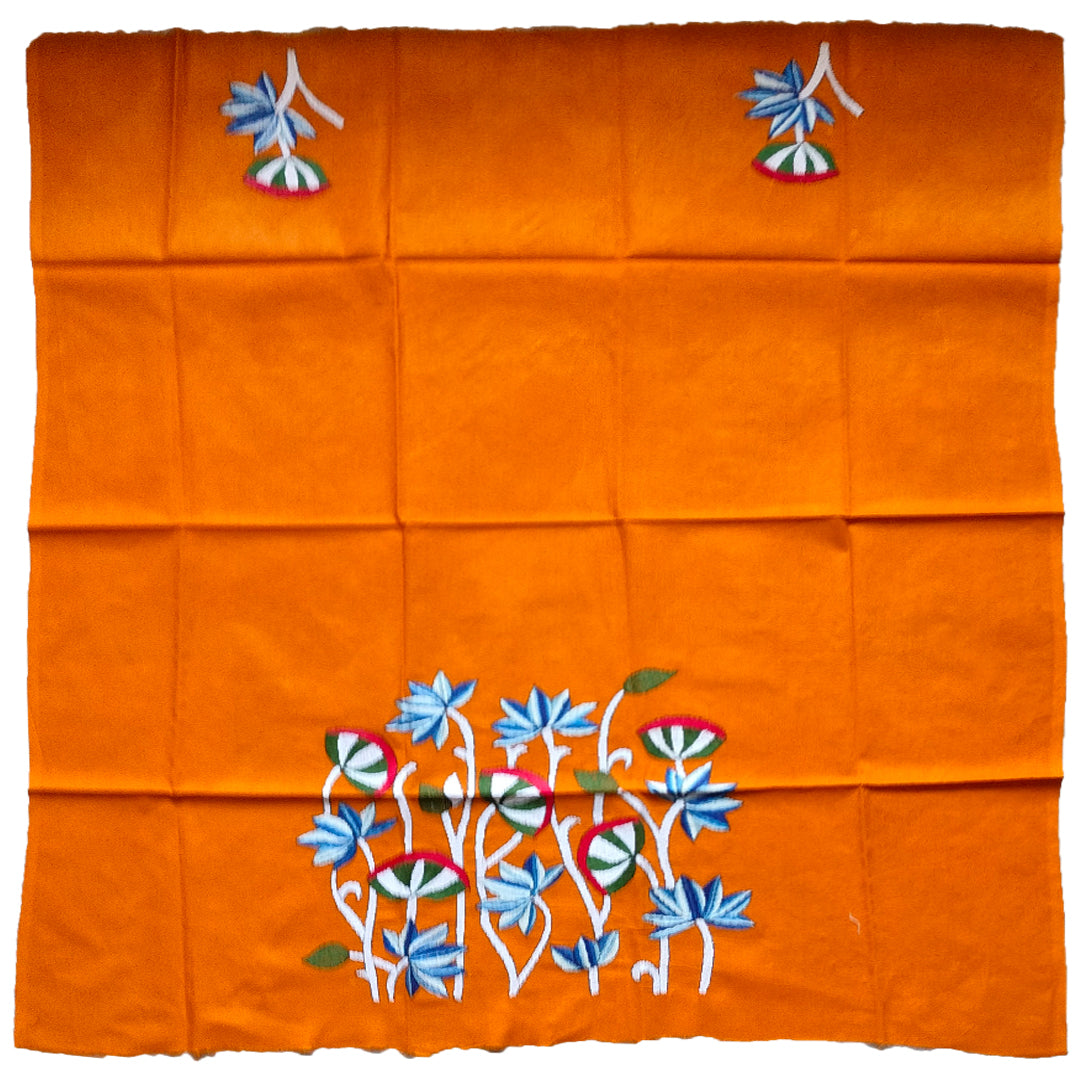 Hand-Embroidered 100% Cotton Blouse Fabric – Orange with Lotus Floral Motif | Blouse Material | Designer Blouse | Kantha Hand Embroidered Blouse Piece