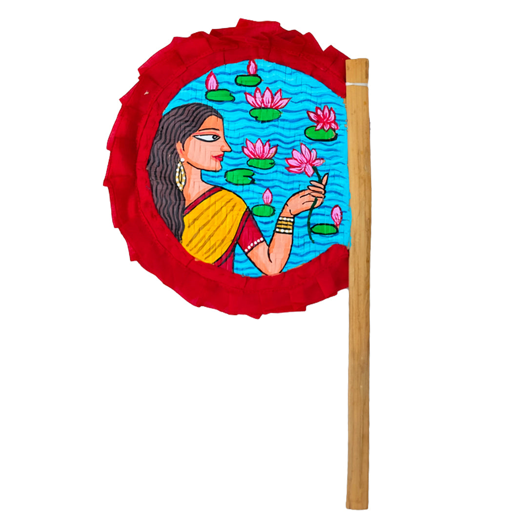 Craftooba Hand Painted Decorative Folk Art Bamboo Made Hand Fan (hatpakha) Women with lotus | Home Decor & Festival | Handmade & Handpainted Beautiful Traditional Hand Fan.