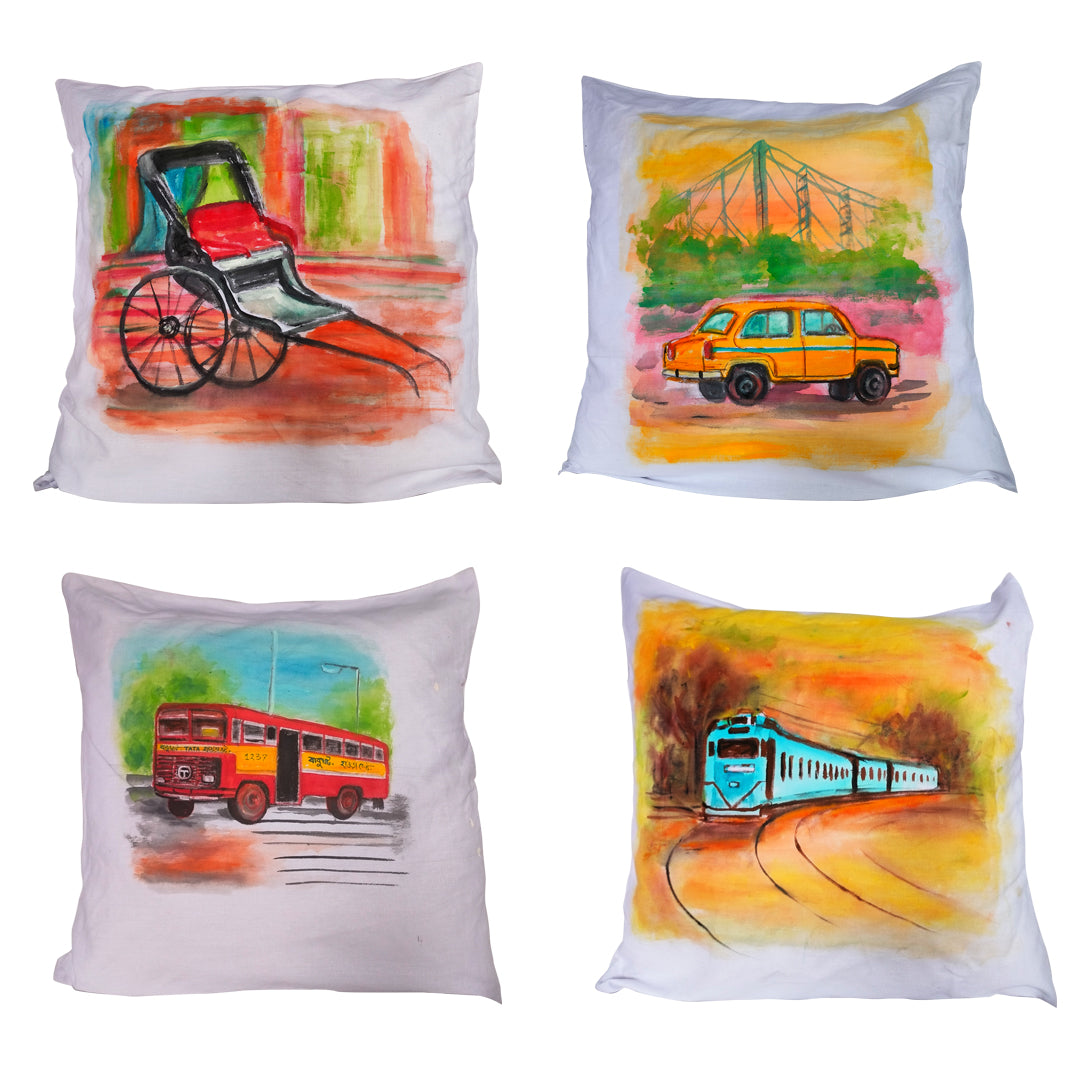 Cotton Hand-Painted 16.5 Inches L X 16.5 Inches W Kolkata Transport Inspired Cushion Cover Set of 4 (Combo) | Cushion Cover | Cushion | Pillow Cover | Sofa Decor | Home Decor | Premium Cushion Cover