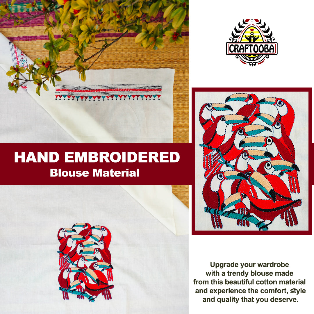 Craftooba Designer handembroidered Blouse Piece | Blouse Material | Designer Blouse | Kantha Hand Embroidered Blouse Piece | red parrot