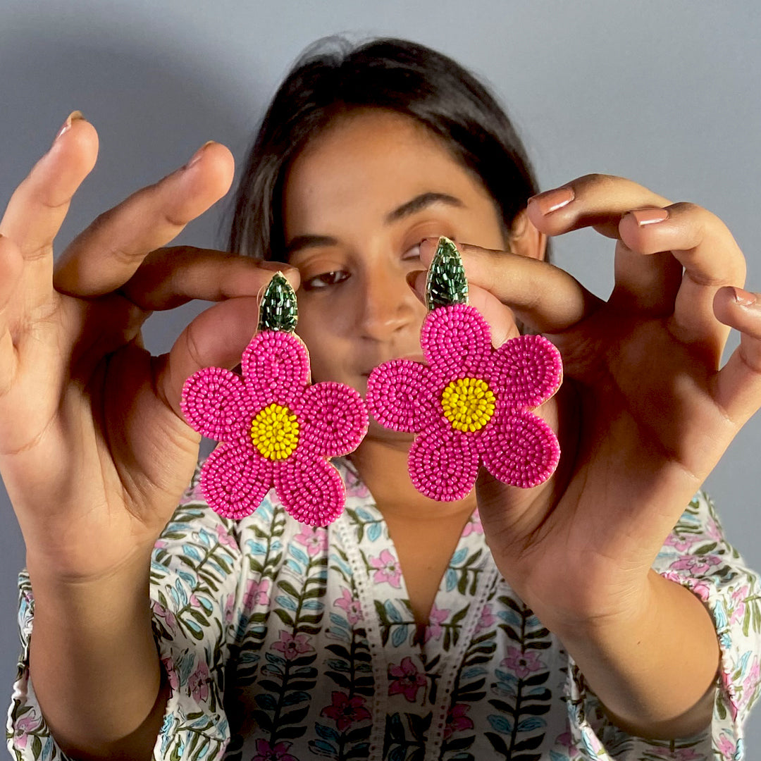 Craftooba Fuschia or deep pink floral beaded earings | Length 8 cm, Breadth 6.5 cm | Earings | Jewellery | Beads Jewellery | Hand made ear rings