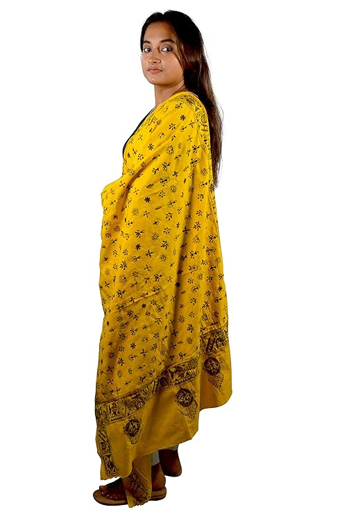 Craftooba Yellow Color Embroidered Dupatta With Motifs | Embroidered Dupatta | Katha Stich Dupatta |