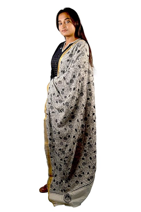 Craftooba White Color Katha Stitch Embroidered Dupatta With Black Floral Motifs | Embroidered Dupatta | Katha Stich Dupatta |