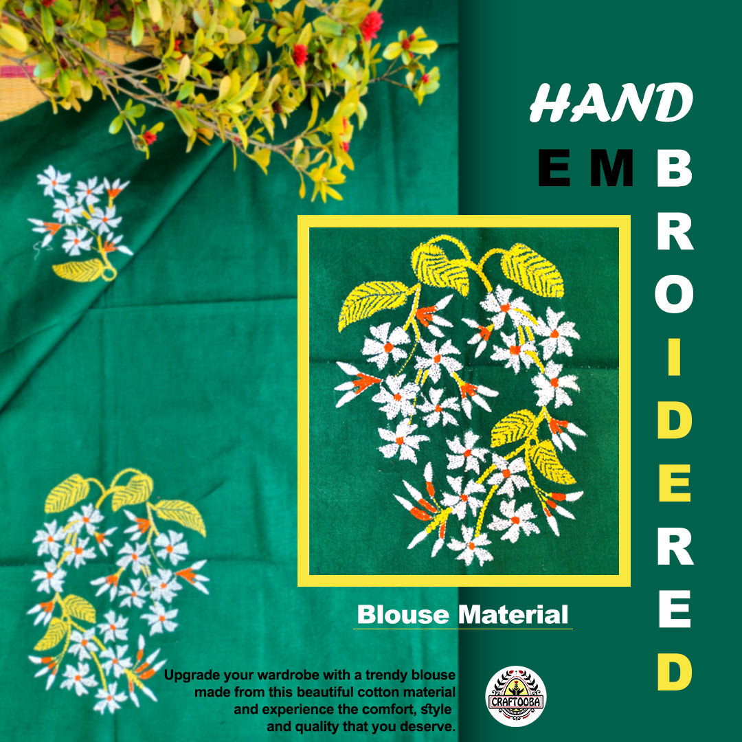 Craftooba Designer handembroidered Blouse Piece | Blouse Material | Designer Blouse | Kantha Hand Embroidered Blouse Piece Green flower