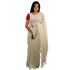 Craftooba Handwoven and hand spun white soft cotton saree with stripes in golden zari | Saree | Sari | Ethnic Wear | Sarees for women | Women Wear | Cotton saree