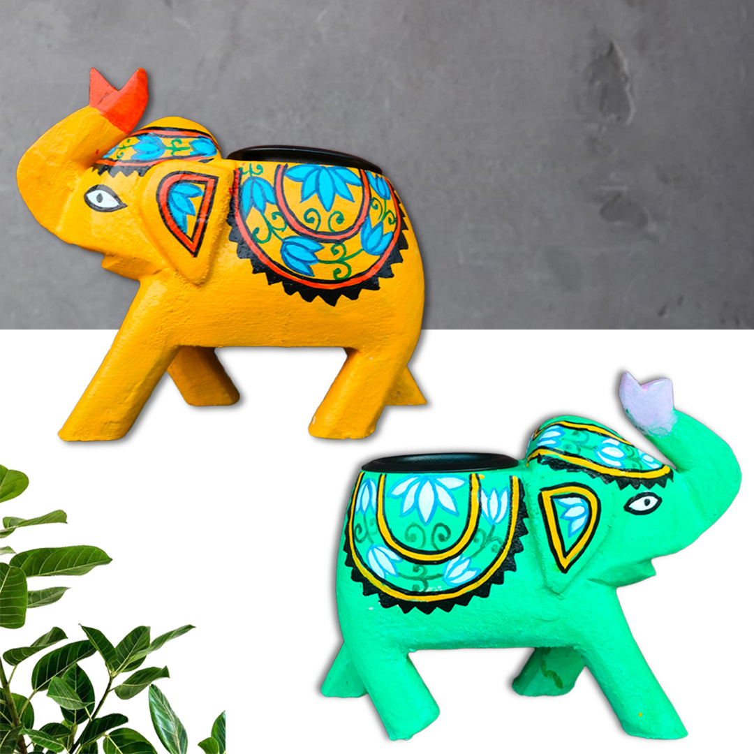 Wooden hand carved and hand painted elephant candle stand yellow and green combo of 2 | Candle stand | Decor |