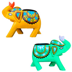 Wooden hand carved and hand painted elephant candle stand yellow and green combo of 2 | Candle stand | Decor |