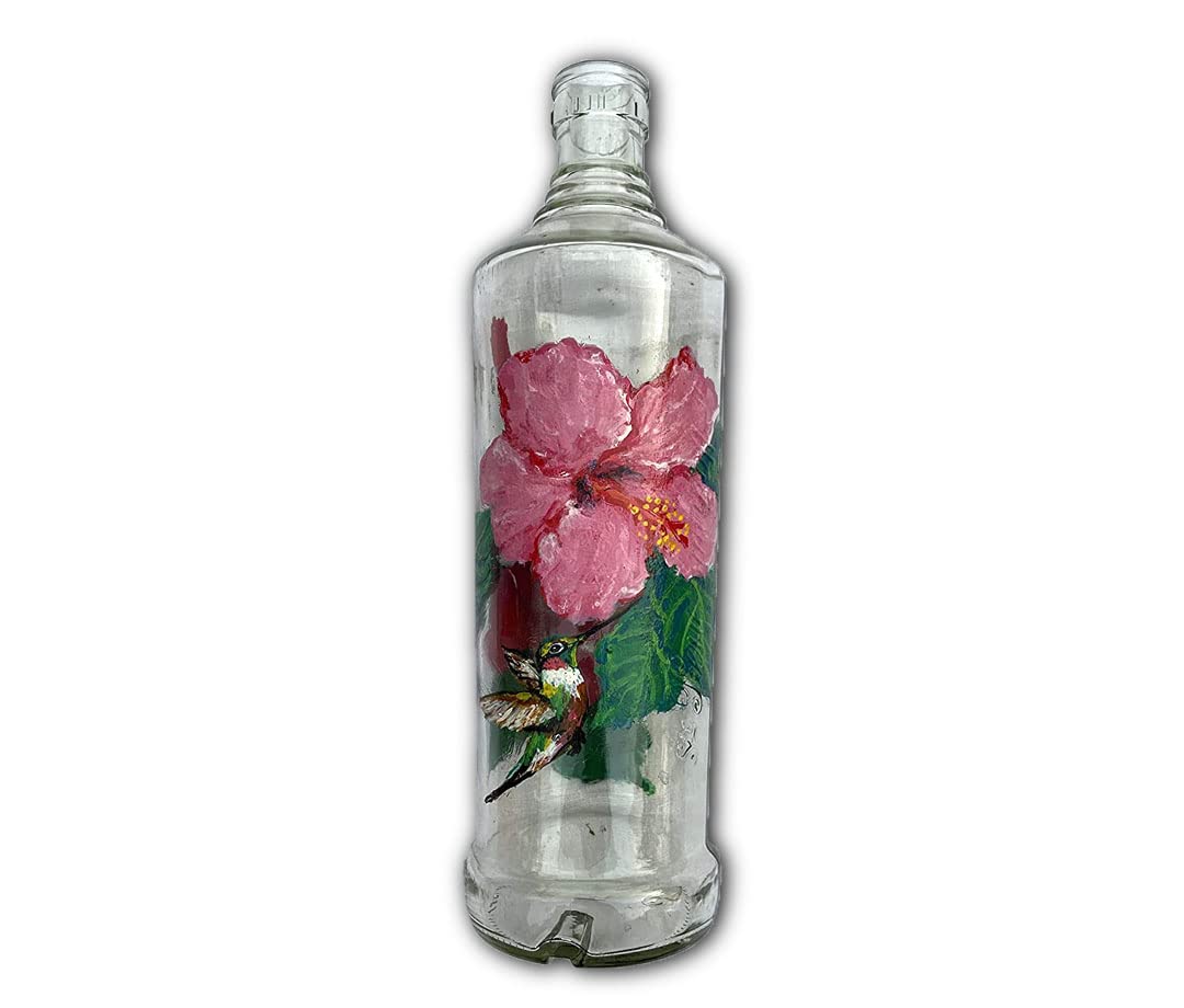 Hand Painted Glass Light Bottle Art for Home and Office Decor | Hibiscus Bottle Art | Handpainted Home Decor | Recycled Bottle Art | Glass Bottle vase