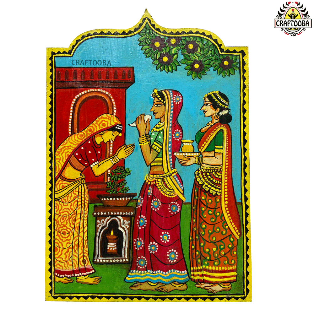 3 Women in Tulsi Mandir Devotional Wall Plate  | Wall Decor | Size 13 inches