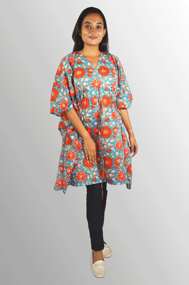 Blue & red floral cotton Hand Block Printed Kaftan