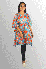 Blue & red floral cotton Hand Block Printed Kaftan