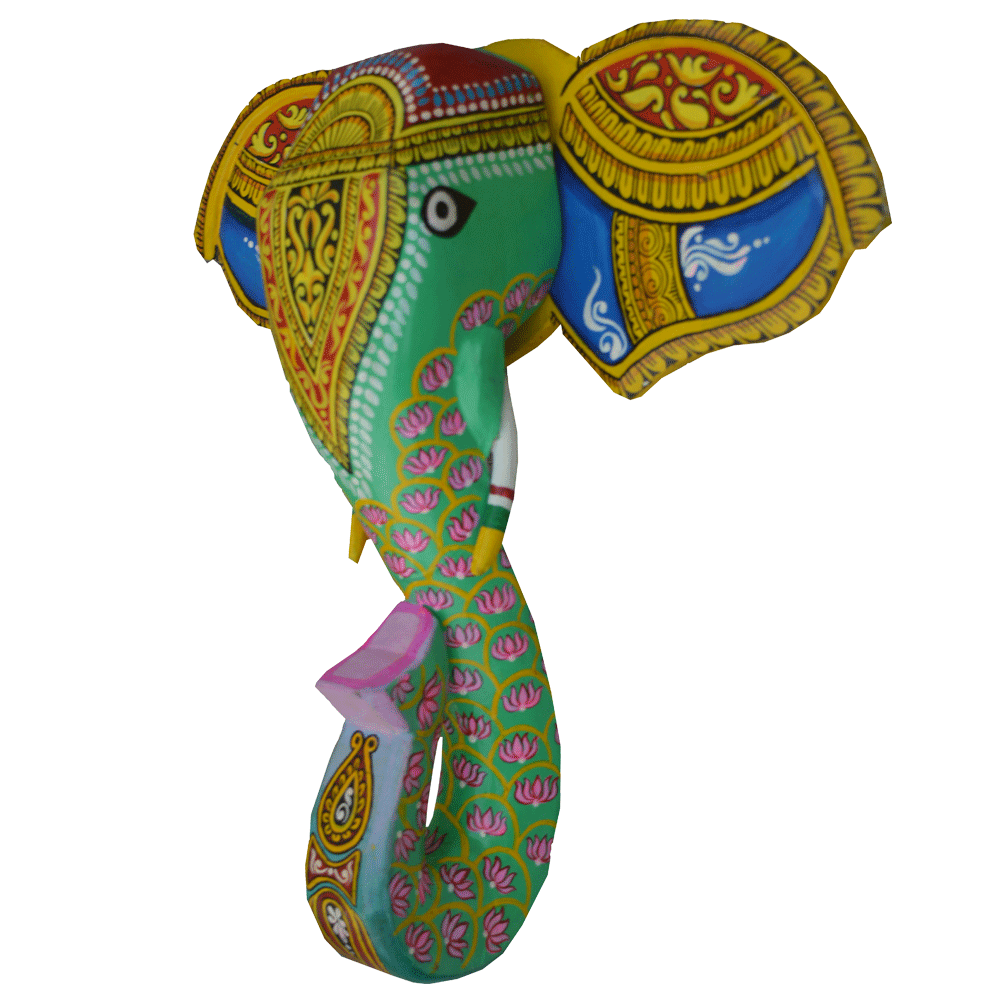 Green 15 inches Alpona Art Wooden Elephant Head Wall Decor