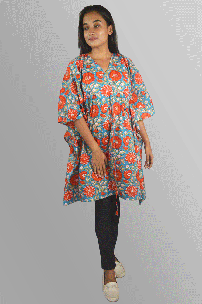 Blue & red floral cotton Hand Block Printed Kaftan