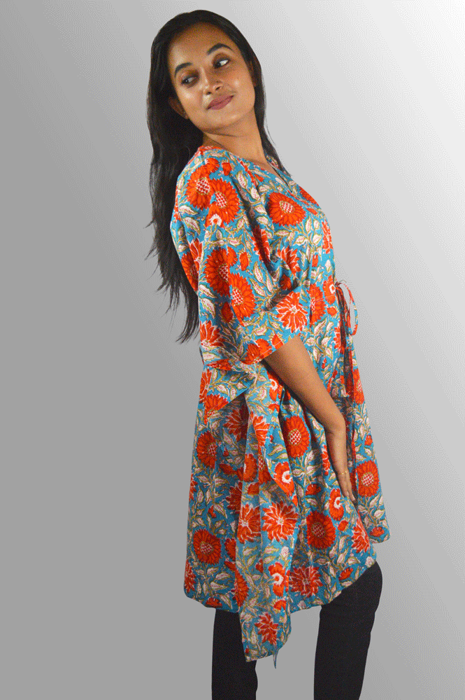 Blue & red floral cotton Hand Block Printed Kaftan