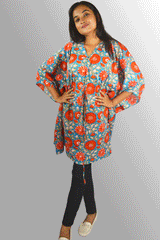 Blue & red floral cotton Hand Block Printed Kaftan