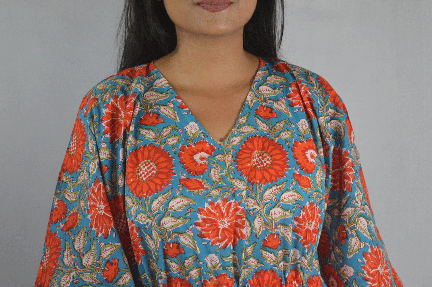 Blue & red floral cotton Hand Block Printed Kaftan