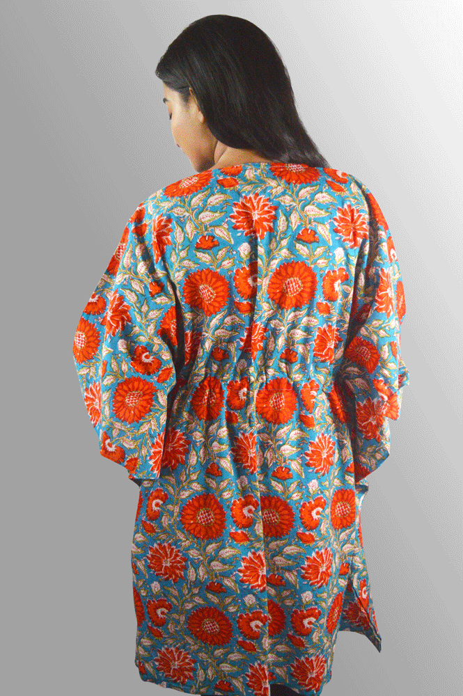 Blue & red floral cotton Hand Block Printed Kaftan