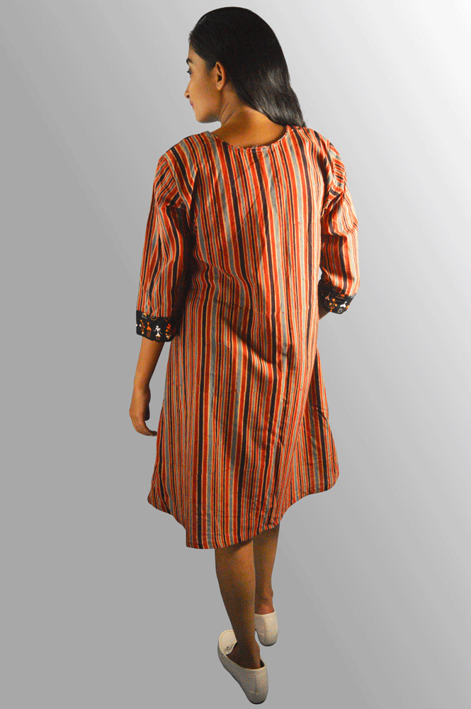 Hand block printed Ajrakh Dress With Kantha Hand Embroidered Yoke