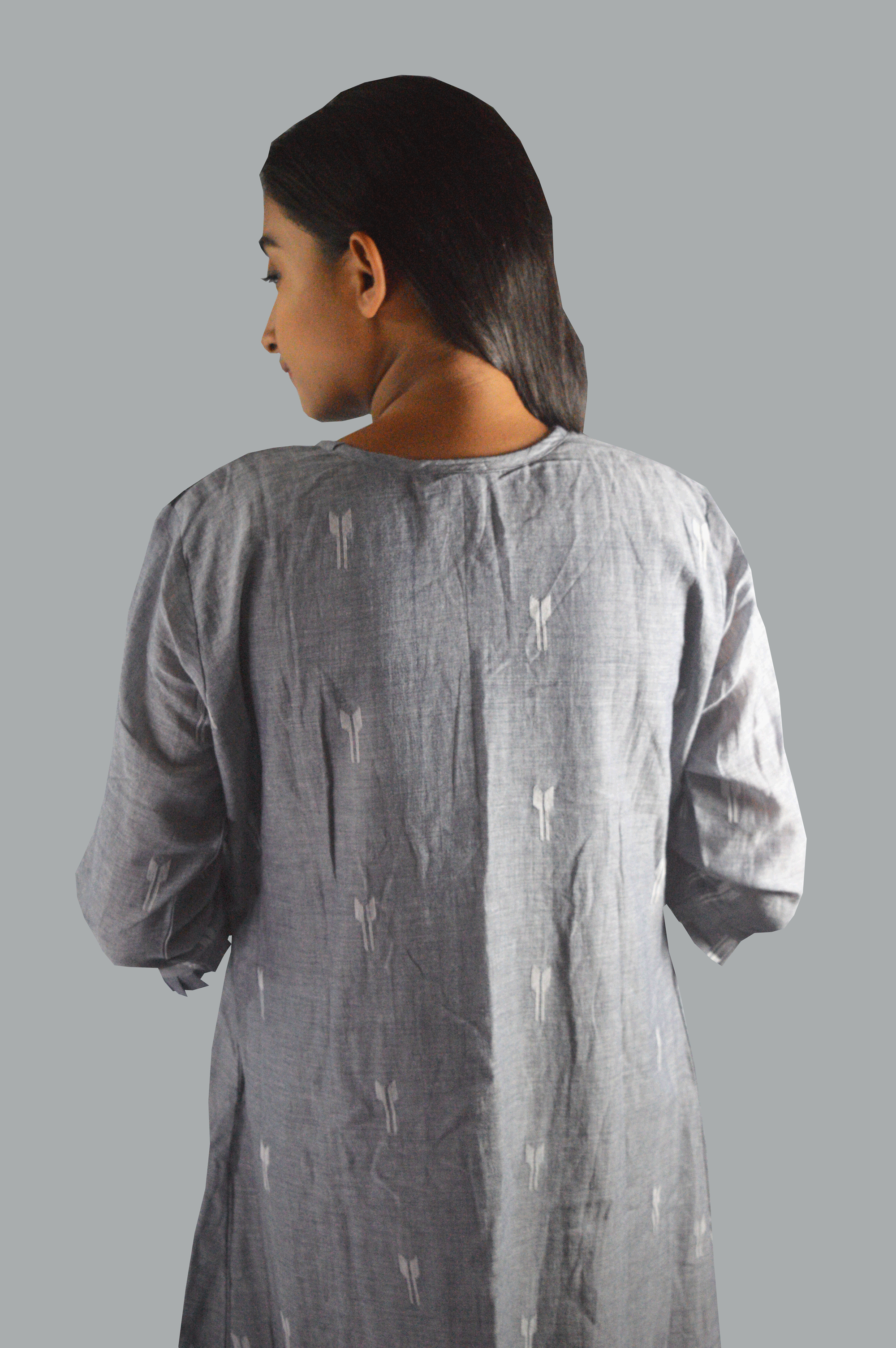 Grey jamdani dress with black checked yoke