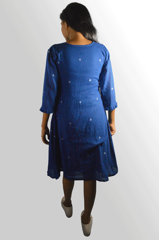 Handwoven Blue Jamdani Dress with Hakoba Yoke