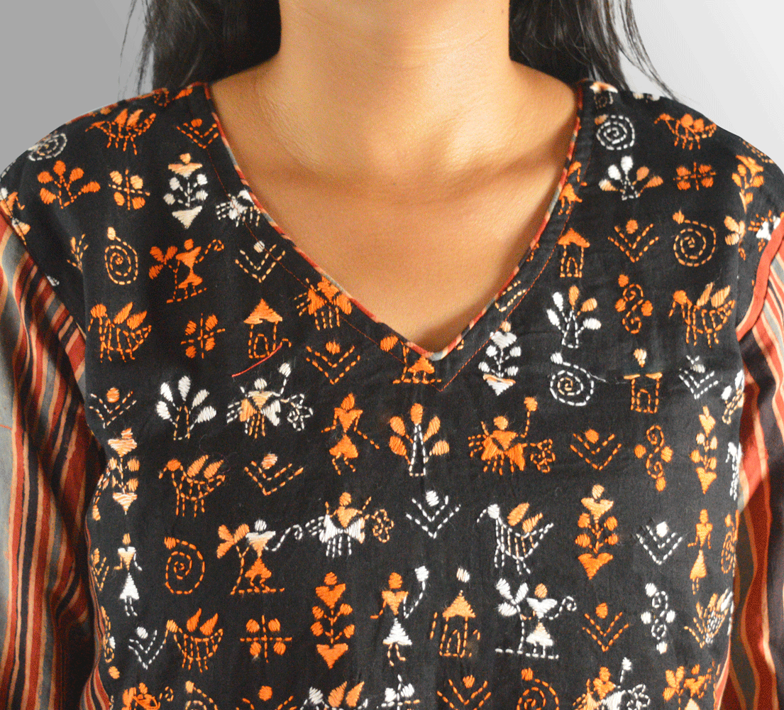 Hand block printed Ajrakh Dress With Kantha Hand Embroidered Yoke