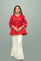 Bright Red Jamdani Shiuli Flower Top