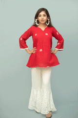 Bright Red Jamdani Shiuli Flower Top