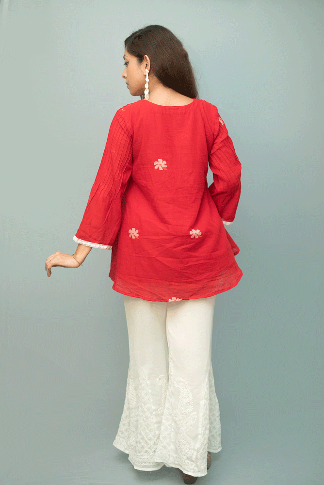 Bright Red Jamdani Shiuli Flower Top