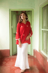 Bright Red Jamdani Shiuli Flower Top