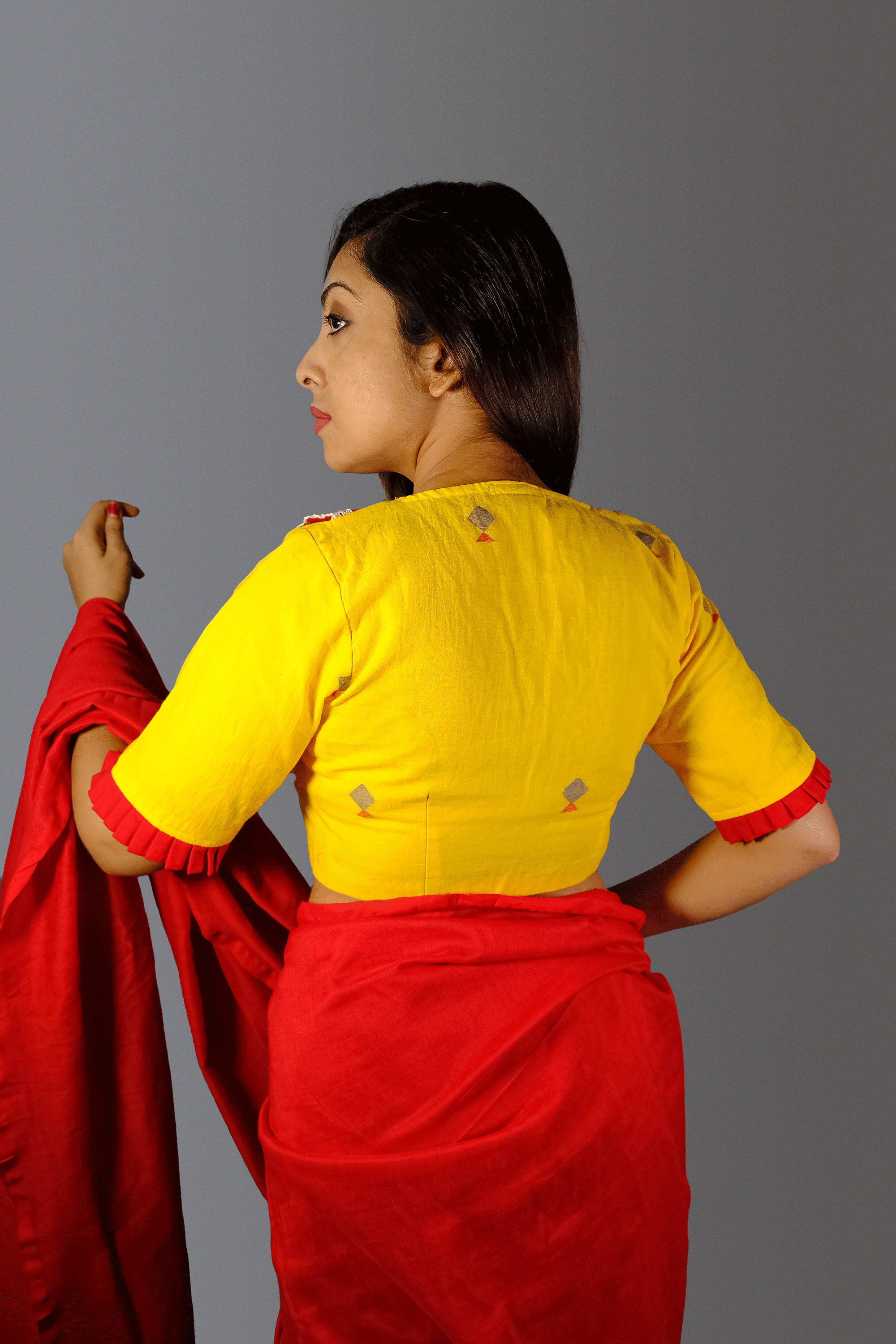 Yellow Jamdani Blouse with Red Peter Pan Collar