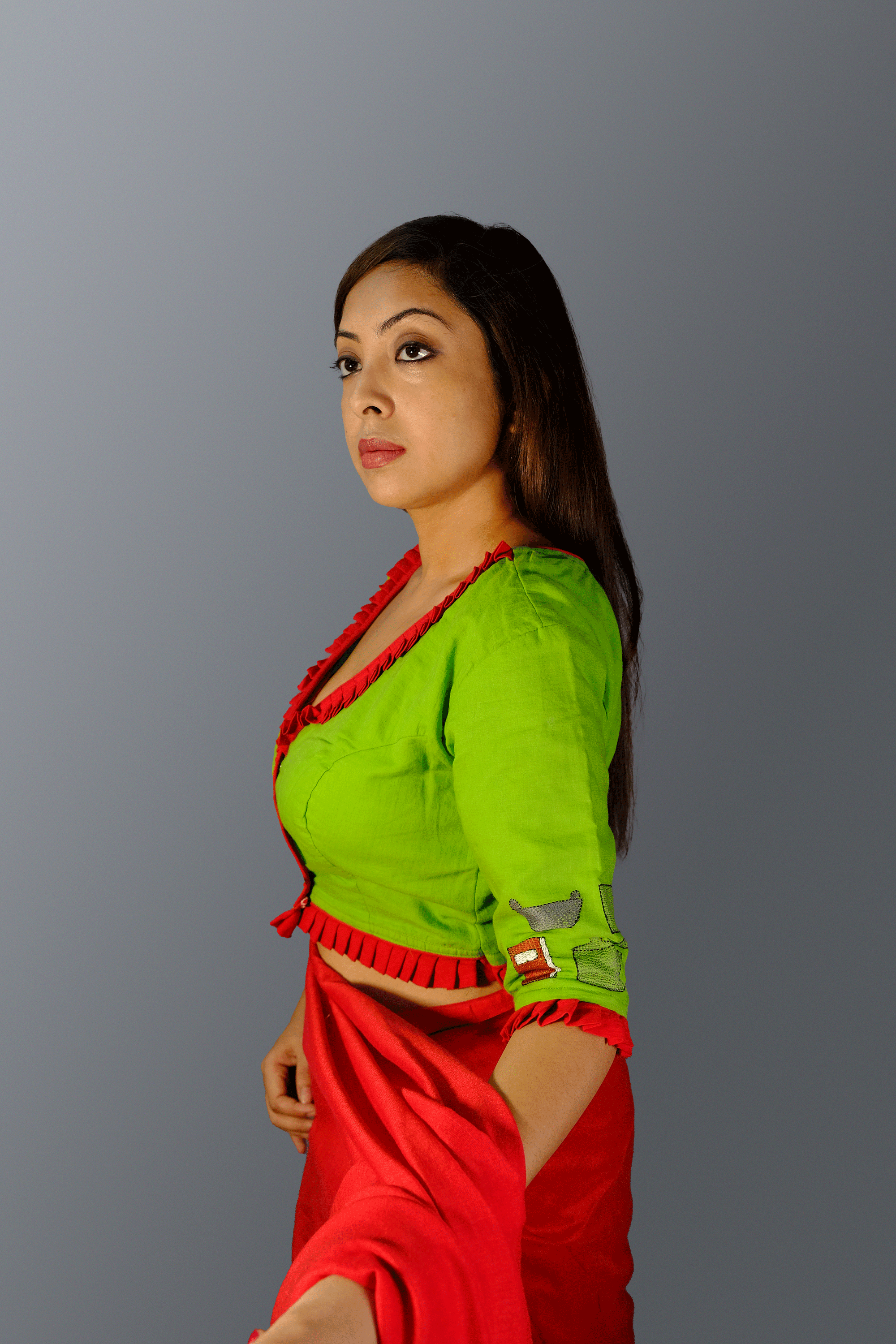 Green Maa Durga Blouse with Kantha Embroidery