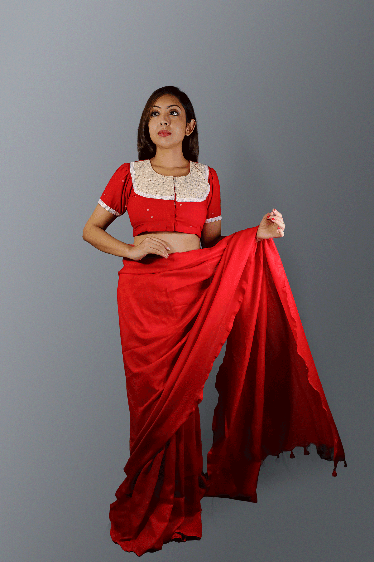 Red handwoven jamdani blouse with hakoba yoke and lace detailing