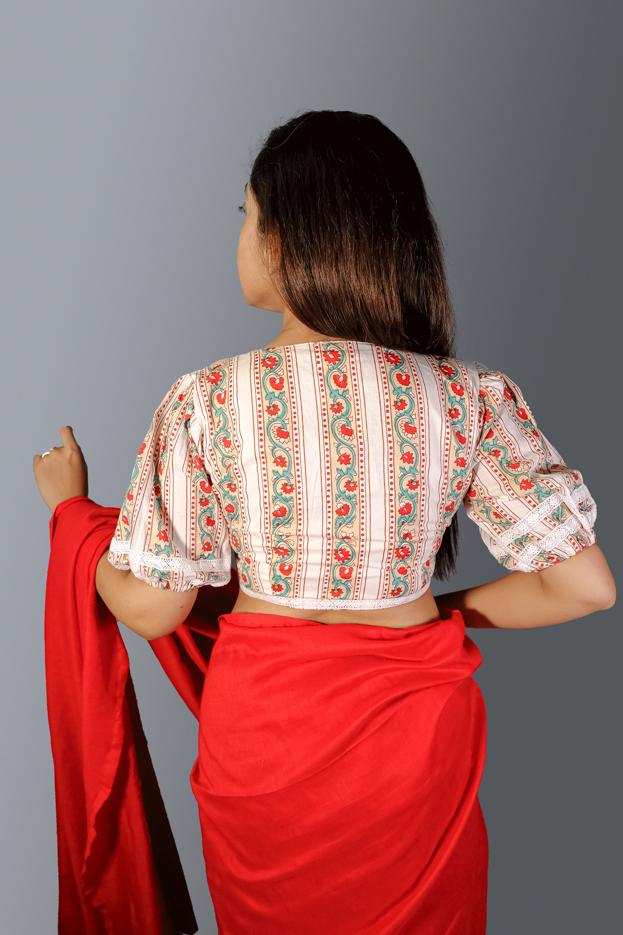 White & Red hand block printed cotton blouse