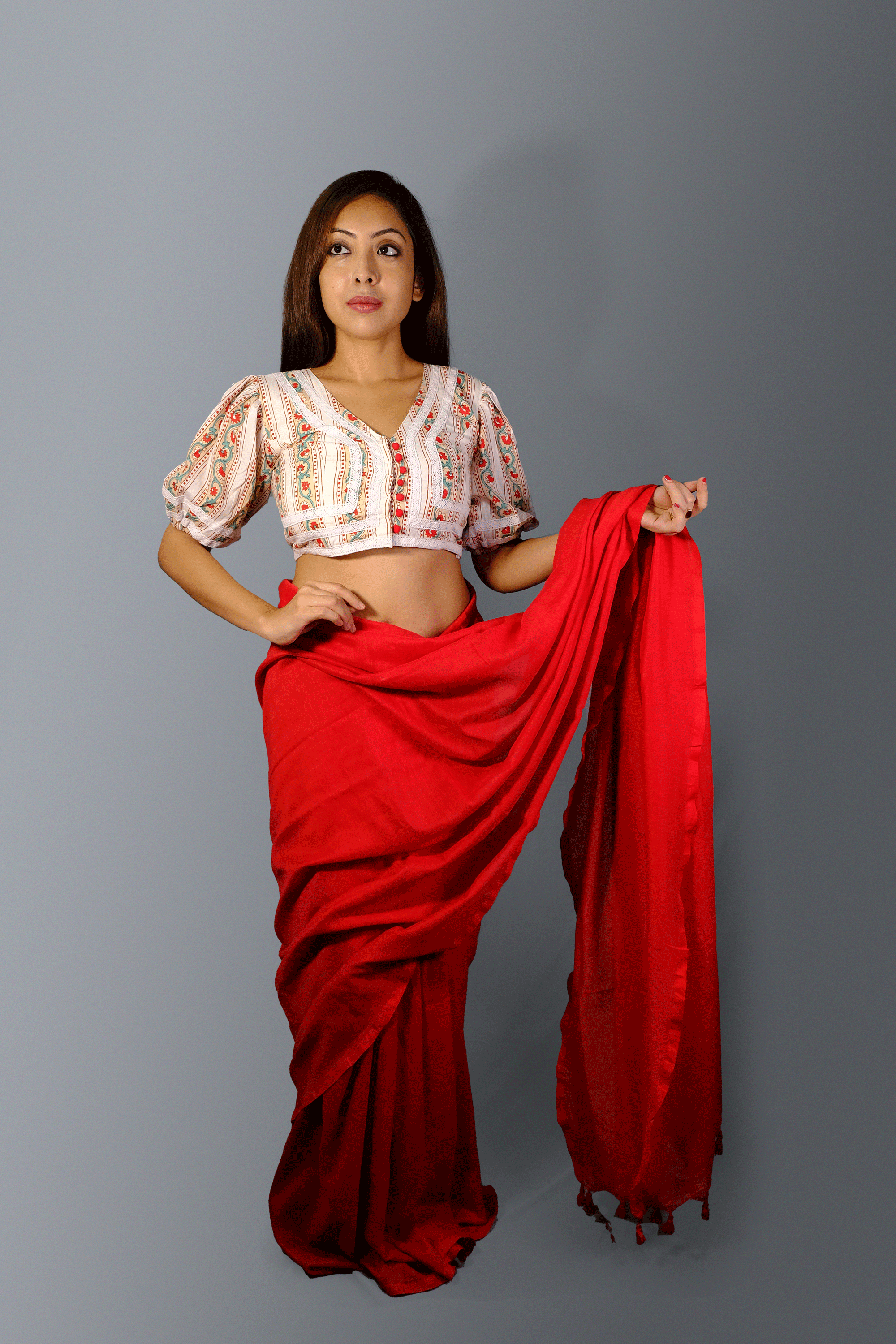 White & Red hand block printed cotton blouse