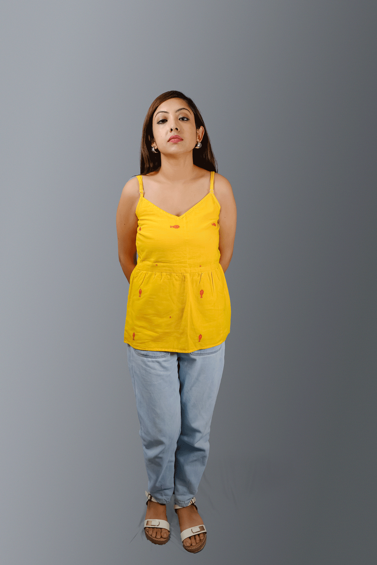 Yellow Jamdani spaghetti crop top or blouse