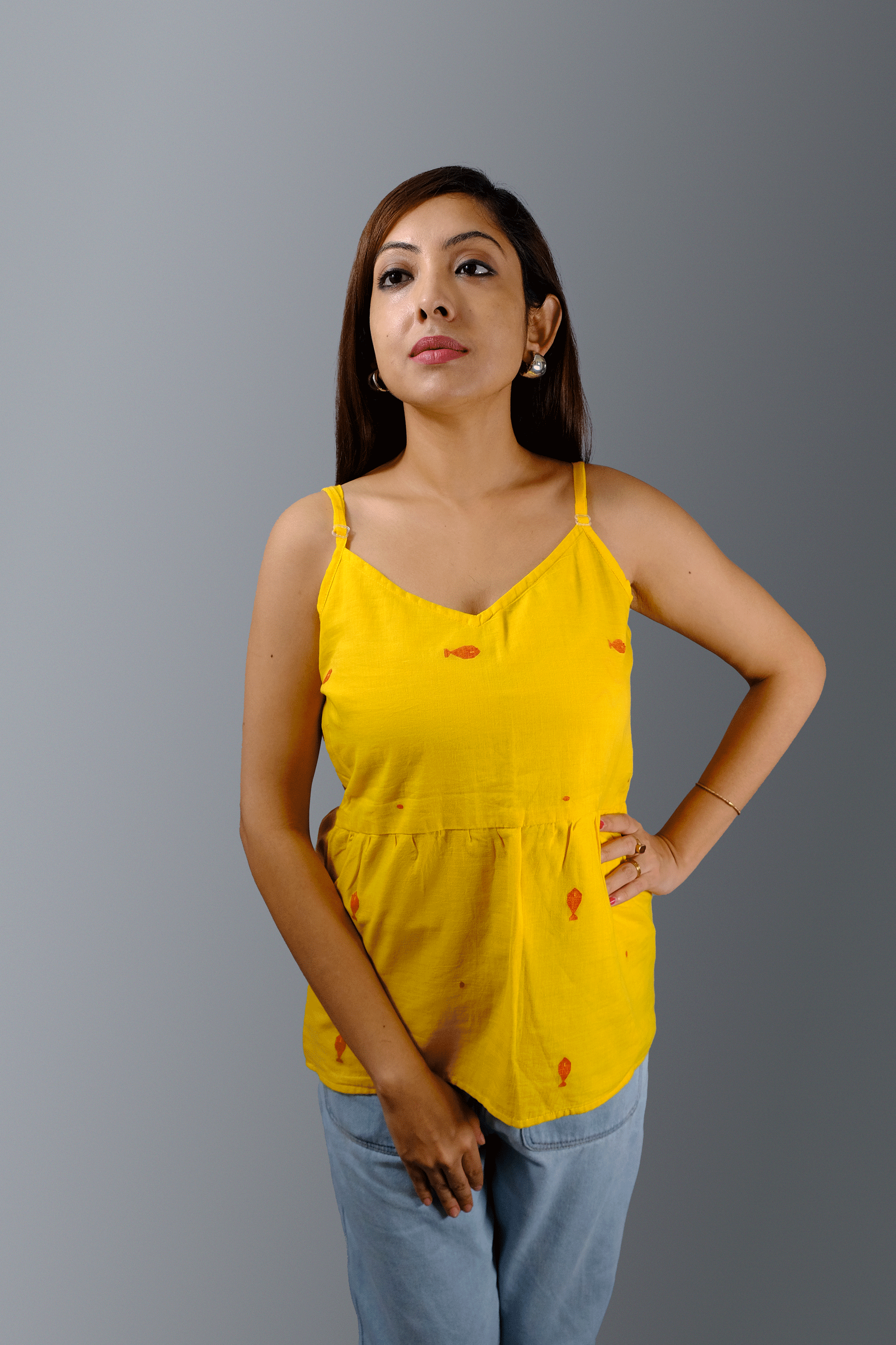 Yellow Jamdani spaghetti crop top or blouse