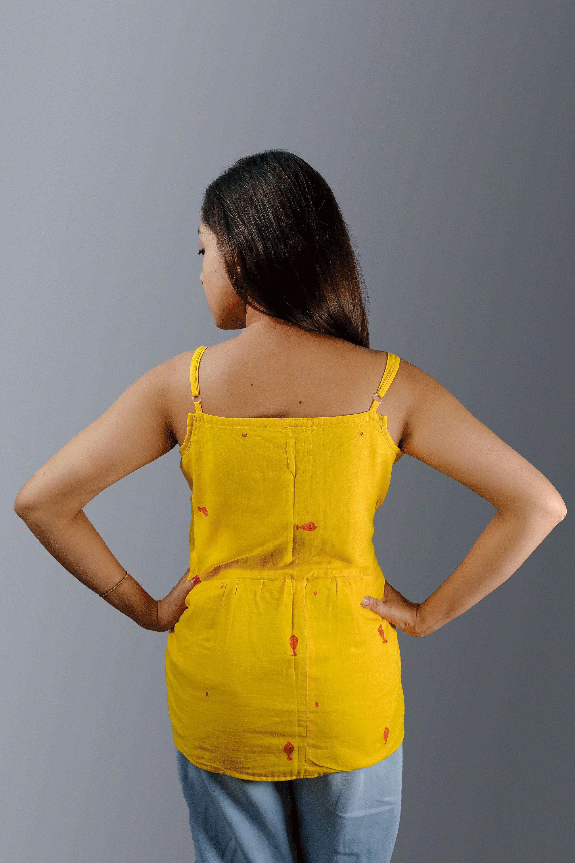 Yellow Jamdani spaghetti crop top or blouse