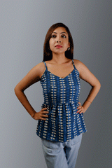 Indigo hand block printed spaghetti top