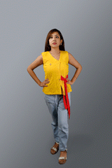 Yellow Jamdani Sleeveless Top with red belt